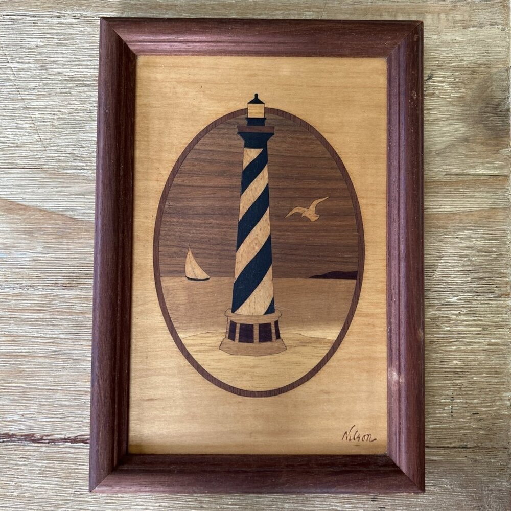 Vintage Marquetry Wood Art Hatteras Lighthouse Outer Banks Jeff Nelson Beach